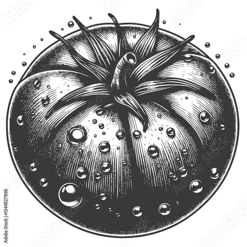 Close-up of a tomato covered in shimmering water droplets, emphasizing natural freshness and vibrant red appearance