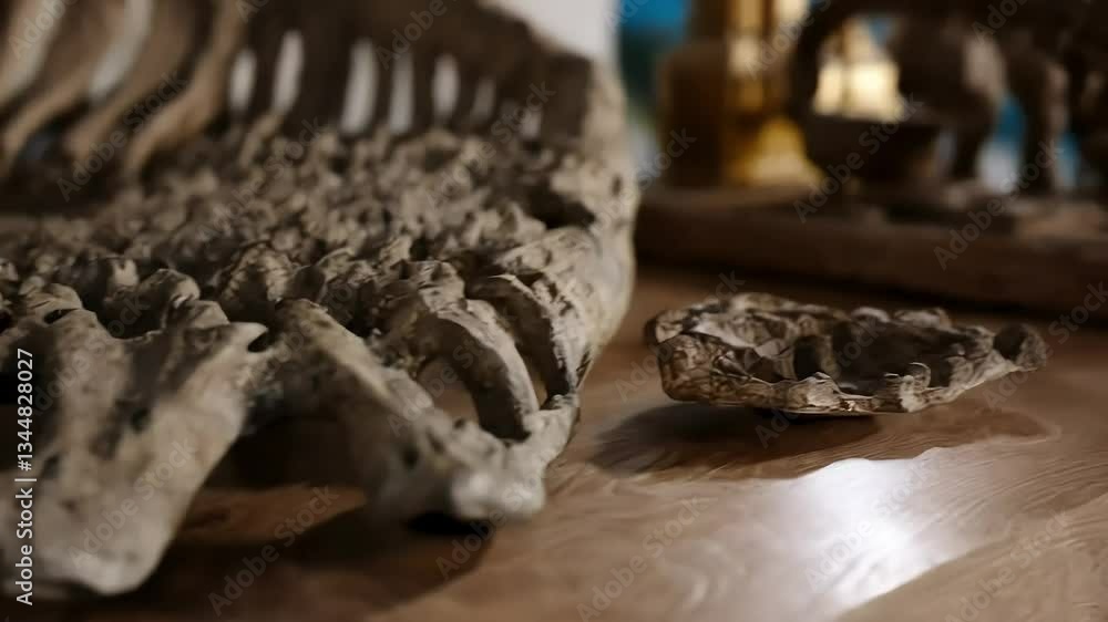 Ancient ruins, futuristic buildings, and a close-up of dinosaur fossils