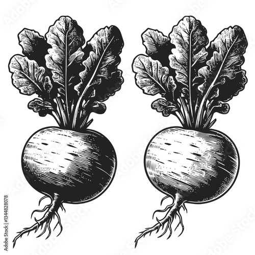 Hand-drawn vibrant radish with intricate leafy details and texture