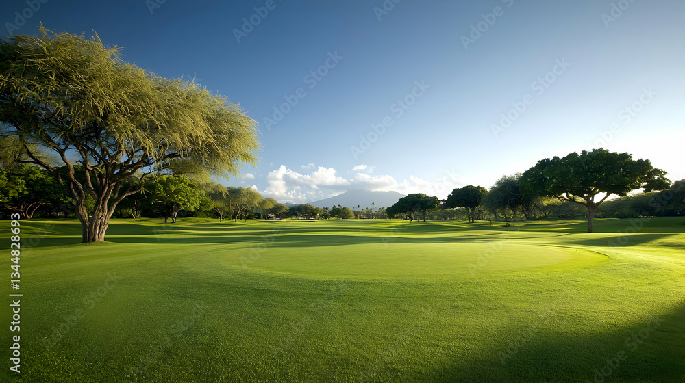 Expansive Green Field Under Blue Sky With Trees and Sunlight Creating Peaceful Natural Scene Expansive Green Field Under Blue Sky With Trees and Sunlight Creating Peaceful Natural Scene