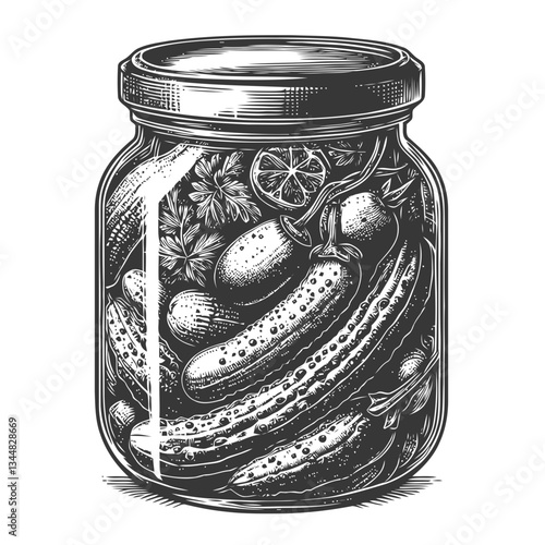 Artistic hand-drawn rendering of a rustic jar with pickled vegetables