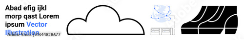 Cloud graphic with wireframe digital node structure, office building outline, and distinctive roof designs. Ideal for technology, architecture, computing, innovation, construction, urban design flat