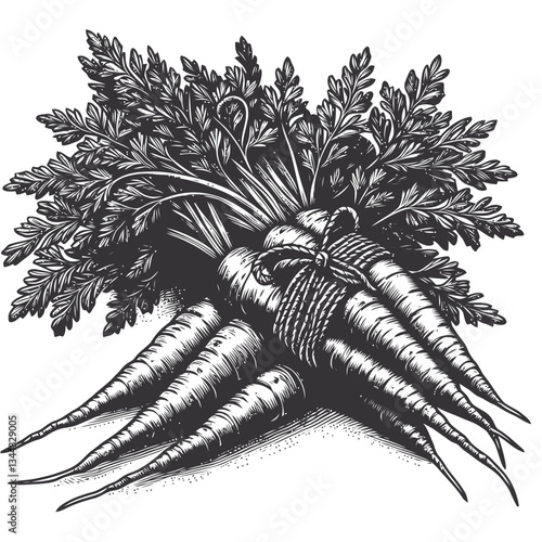 Freshly harvested carrots tied with twine, a charming representation of organic agriculture and vibrant, nutritious produce