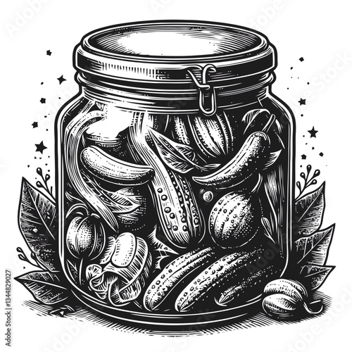 Artistic rendering of a rustic glass jar with pickled vegetables
