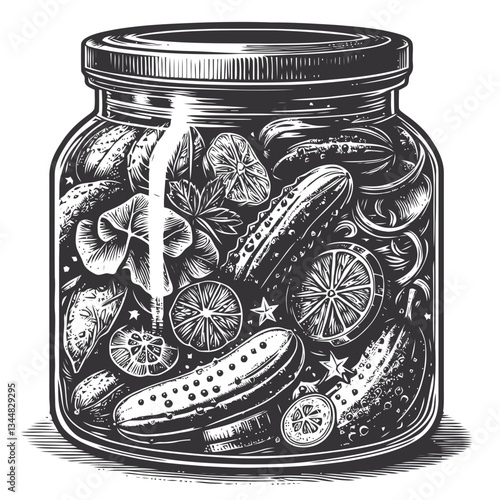 Engraving of a homemade pickled vegetable jar with vintage details
