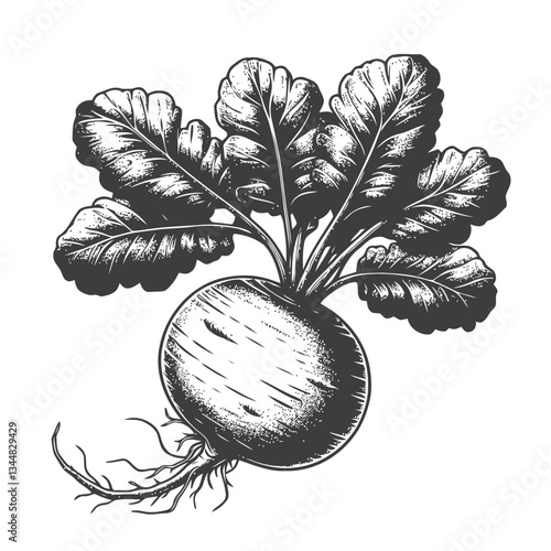 Artistic radish depiction with lush leafy greens and rich texture