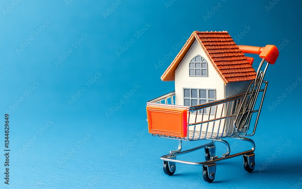 Small House Inside Shopping Cart on Blue Background, Real Estate Concept Small House Inside Shopping Cart on Blue Background, Real Estate Concept