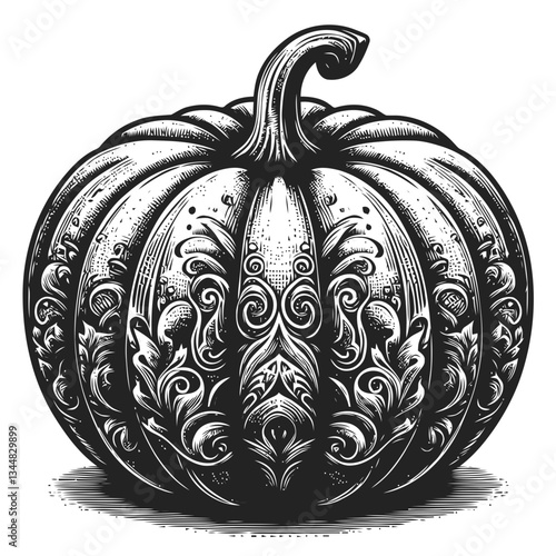 Creative illustration of a glowing pumpkin with engraved seasonal details