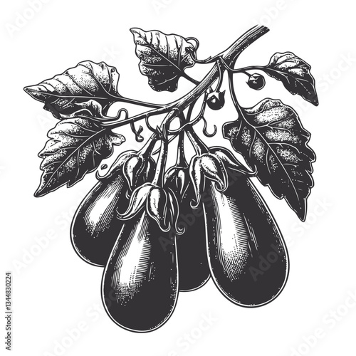Illustrative engraving of ripe eggplants artistically hanging from a vine