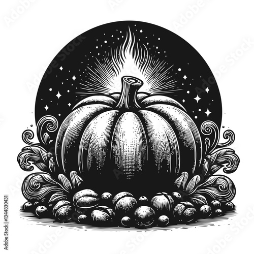 Engraved hand drawn pumpkin glowing brightly in an artistic style