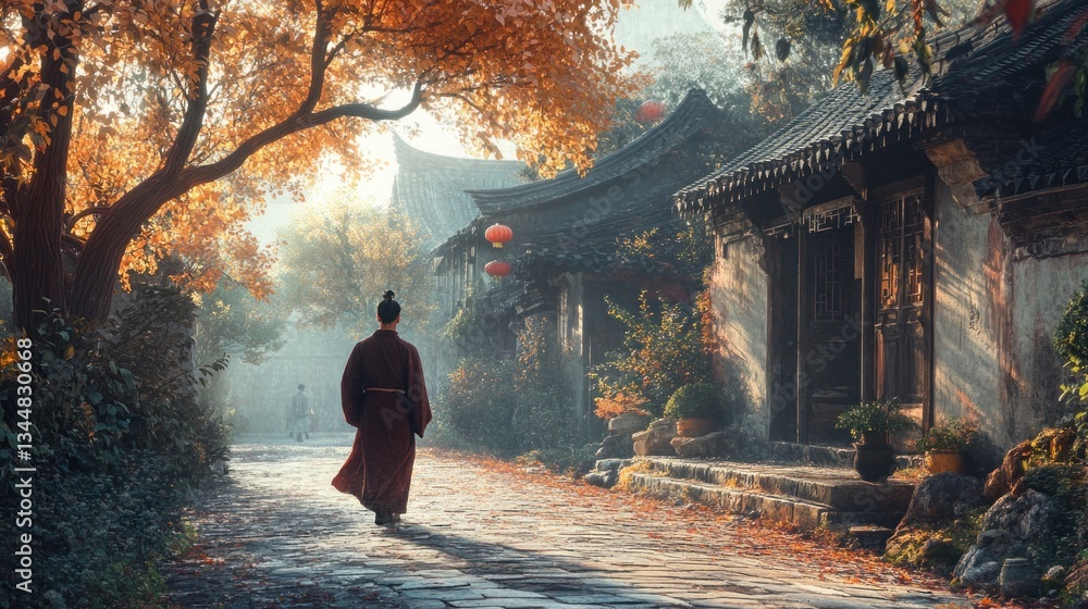Fototapeta premium Autumnal Serenity A Figure Walking Through a Traditional Village Pathway Amidst Golden Leaves