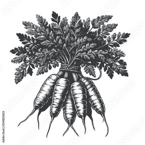 A freshly harvested bunch of carrots neatly tied with rustic twine, showcasing natural simplicity and organic farming practices