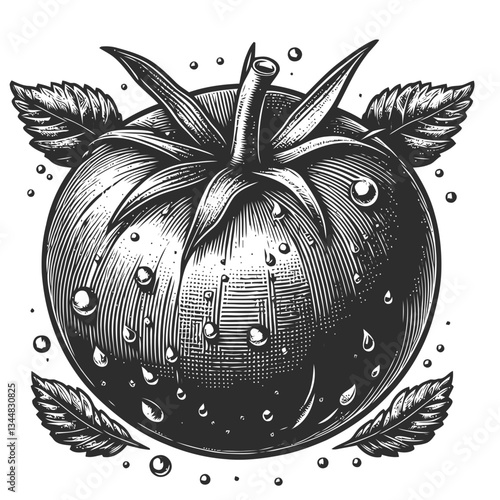 A close-up of a vibrant tomato with water droplets, emphasizing its freshness and farm-fresh organic appeal