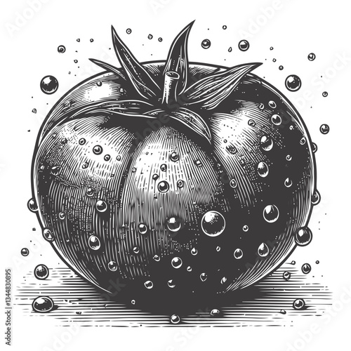 Close-up macro shot of a red tomato with glistening water droplets, highlighting its natural freshness and texture