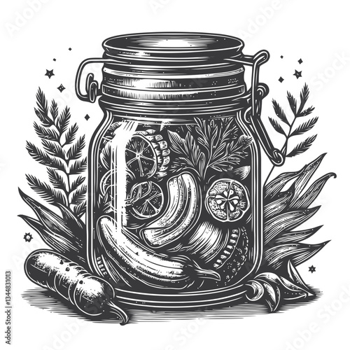 Intricately engraved depiction of a jar with pickled vegetables