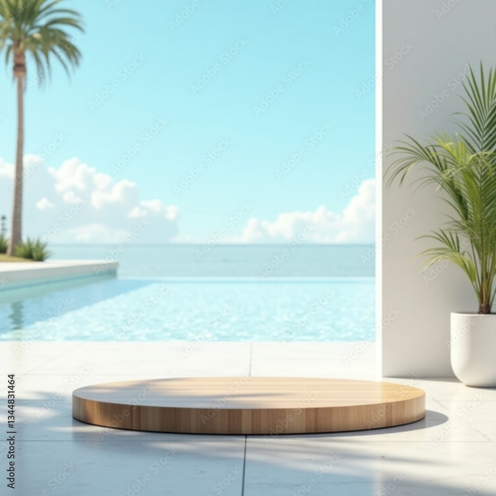 Fototapeta premium Empty wooden podium by pool overlooking ocean