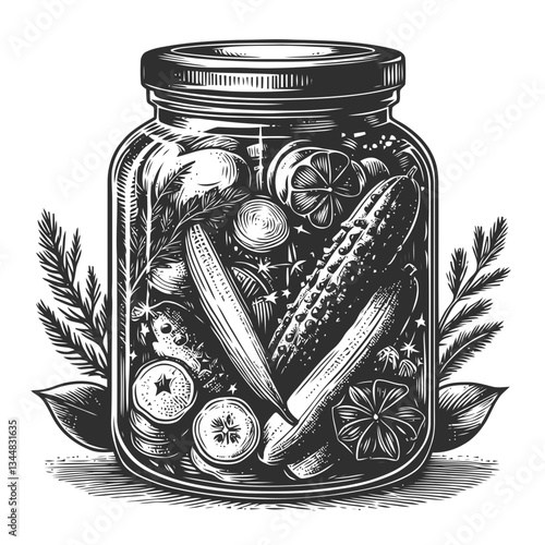Classic vintage-style jar of pickled vegetables in an artistic engraving