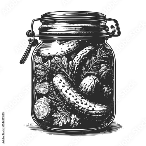 Rustic hand-drawn depiction of a jar filled with pickled vegetables