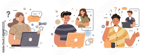 Customer service isolated set in flat design. Collection of scenes. People advice and support, operator call center. Vector illustration for blogging, website, mobile app, promotional materials.