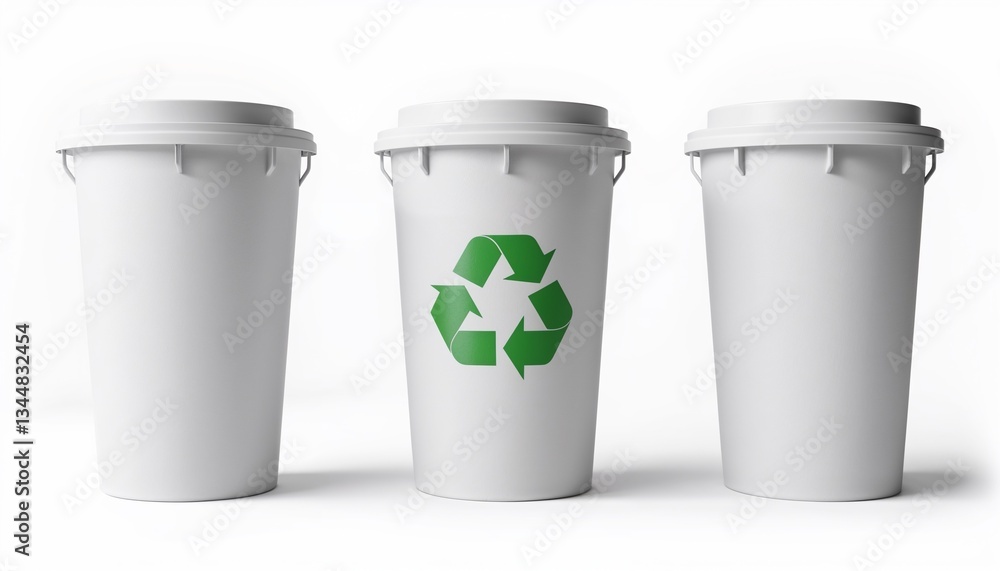 Three white recycling bins with green symbol on white background. Three white recycling bins with green symbol on white background.