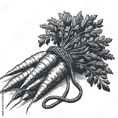 Organic farm produce displayed as a bunch of fresh carrots tied with twine, promoting sustainability and healthy eating