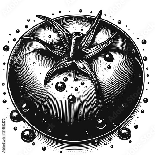 Macro view of a juicy tomato with glistening water droplets, highlighting its natural appeal and vibrant red color