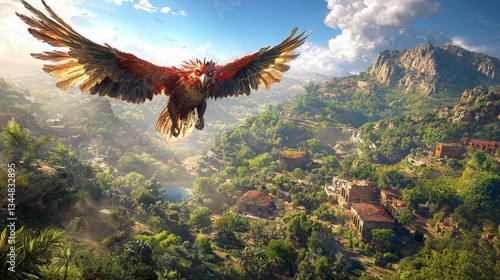 Majestic Bird Flight Over Valley Town