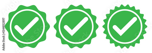 Whatsapp verified profile badge. Green verified badge icon. Social media account verification icon. Green check mark sign. Guaranteed safety person sign. Approved tick profile.  