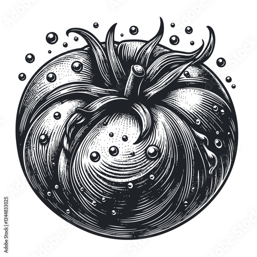 Detailed view of a red tomato with glistening water droplets, symbolizing its fresh and juicy appeal