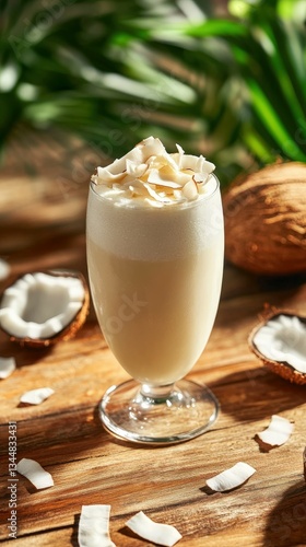 Refreshing coconut beverage on wooden table