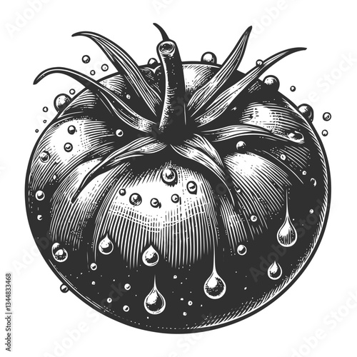 Macro shot of a fresh tomato with glistening water droplets, emphasizing its juicy texture and healthy appeal