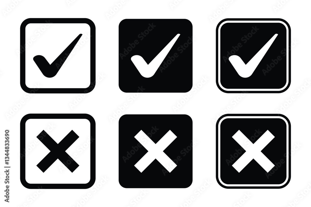 Set of black check marks and crosses icon collection. check box icon with right and wrong buttons and yes or no check-mark icons. Set of black check marks and crosses icon collection. check box icon with right and wrong buttons and yes or no check-mark icons.