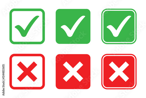 tick and cross button. set of green and red check box with yes and no sign. right and wrong buttons and yes or no checkmark icons in green tick box and red cross. 