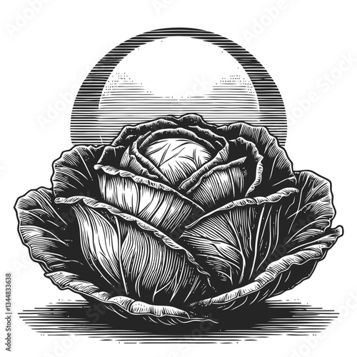 Detailed hand-drawn cabbage under soft sunlight for an organic and rustic feel