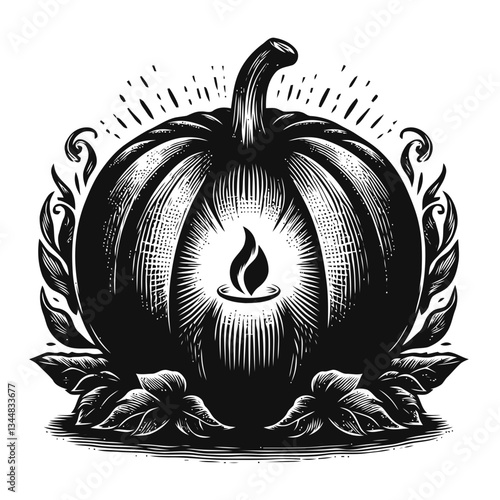 Seasonal hand drawn pumpkin glowing with artistic engraving style