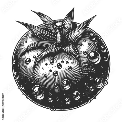 High-detail close-up of a tomato with shimmering water droplets, reflecting its juicy texture and natural freshness