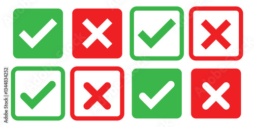 Green tick and red cross checkmarks. Right or wrong icons. check mark icon button set. check box icon with right and wrong buttons and yes or no checkmark icons