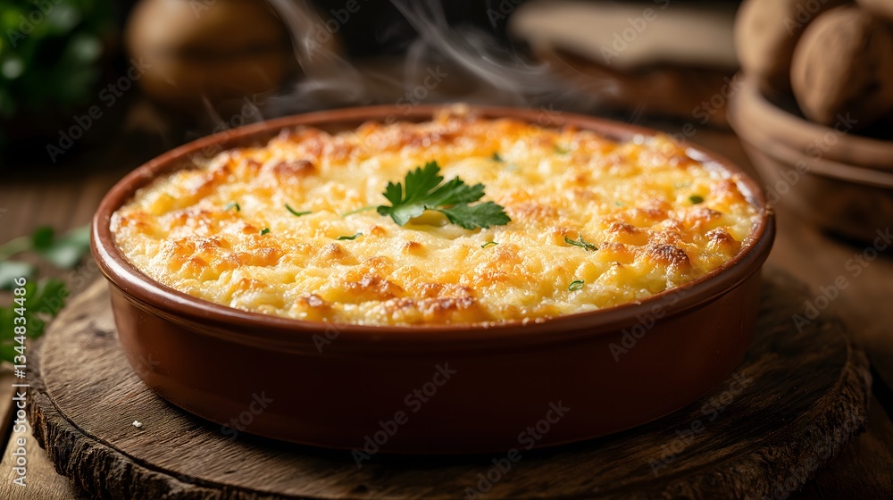 Warm casserole dish resting on rustic wooden surface, showcasing a golden topping and fresh herbs garnishing the meal Warm casserole dish resting on rustic wooden surface, showcasing a golden topping and fresh herbs garnishing the meal