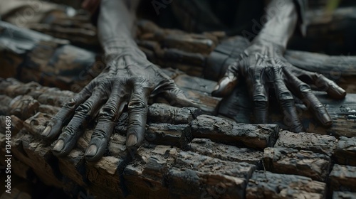 Wallpaper Mural Close-up of weathered hands resting on dark, charred wood.  Image evokes themes of labor, age, and resilience. Torontodigital.ca