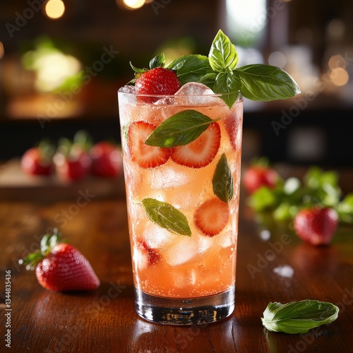 Refreshing strawberry basil drink served cold