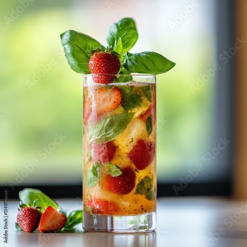 Fresh strawberry basil drink in a glass