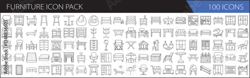 Furniture icon pack with 100 outline designs - A set of 100 outline furniture icons featuring chairs, tables, sofas, cabinets, and other home interior elements in a minimalistic style.  
  
