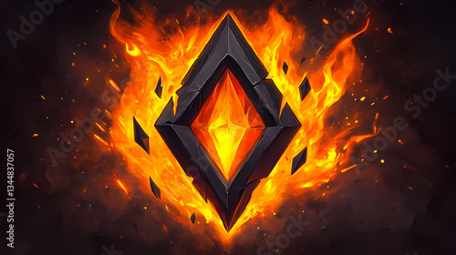 A black emblem shaped like a diamond with a pointed arrow inside, set aflame with yellow and orange flames. Obsidian Spikes. Illustration