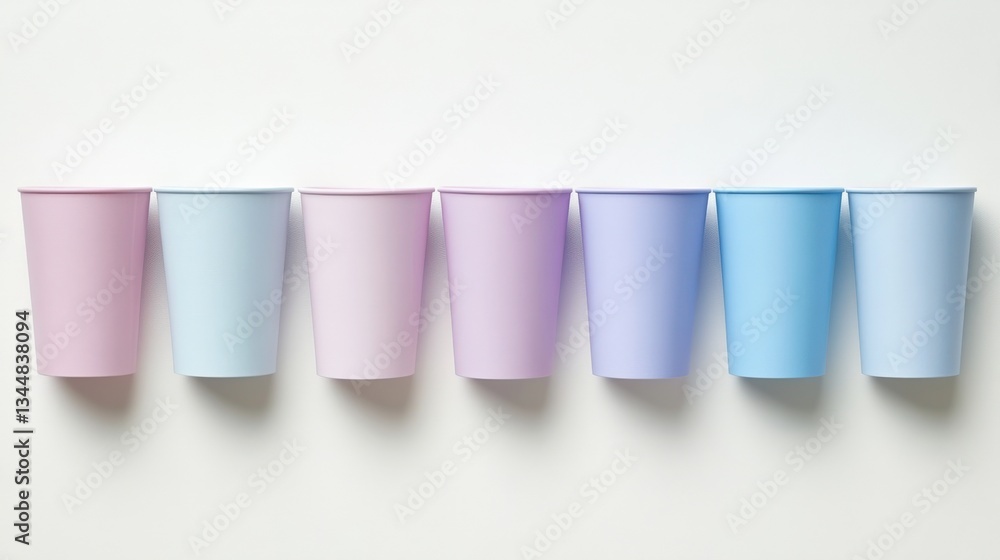 Colorful pastel cups arranged in a line on a minimalist white background Colorful pastel cups arranged in a line on a minimalist white background