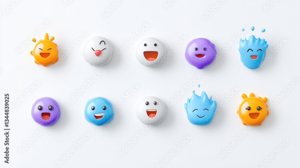 Obraz premium Colorful, expressive emoticon designs on a white background. Each emoticon has a unique emotion
