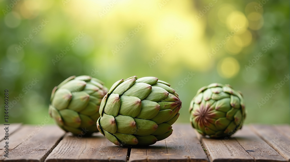 Fototapeta premium Fresh artichokes on a wooden table, perfect for food blogs, gourmet cooking, and farm market promotions
