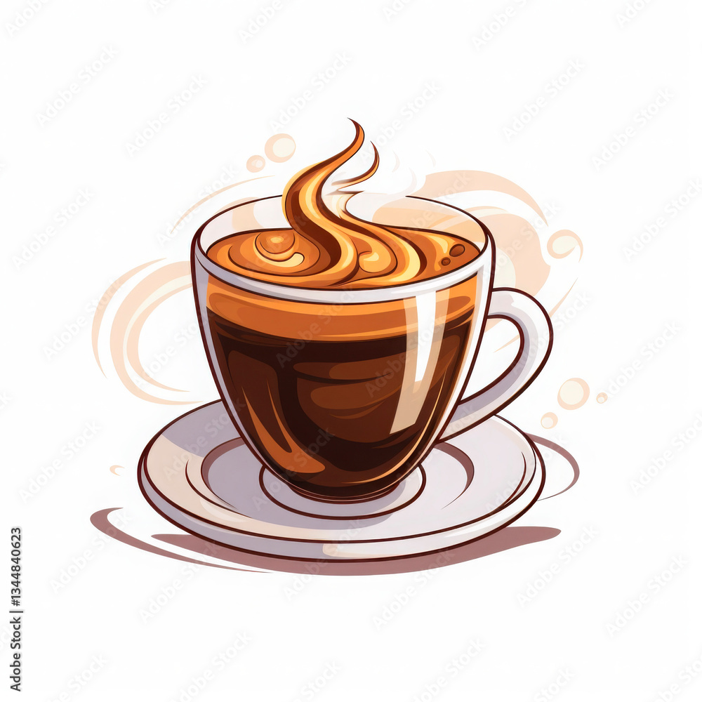 Obraz premium Illustration Of A Hot Coffee Cup With Swirling Steam, Placed On A Saucer. Hand-Drawn Style With Warm Brown Tones. Ideal For Cafes, Branding, Menu Design, And Coffee-Themed Artwork.