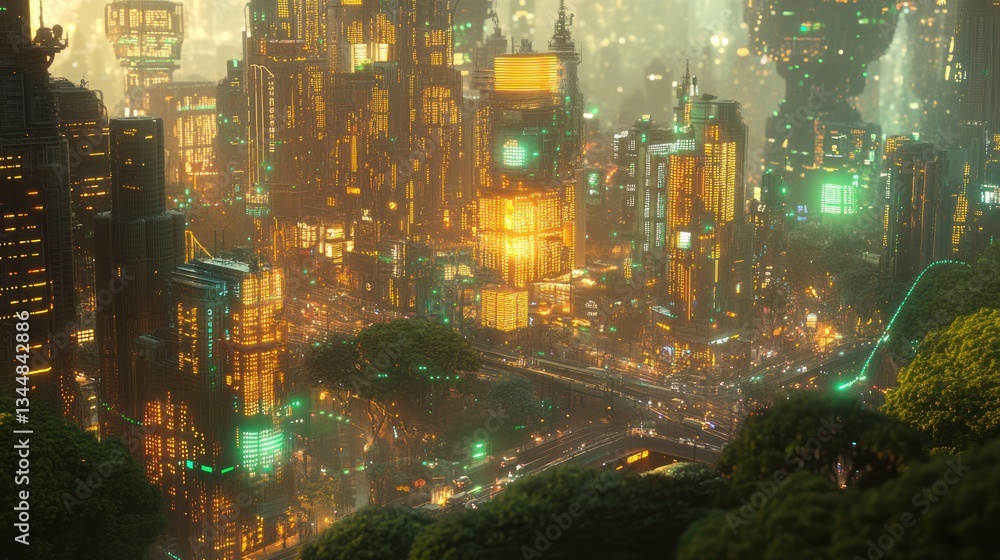 Obraz premium Futuristic city skyline at night, aerial view, vibrant lights, potential use as stock photo for video game art