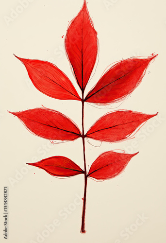 Red leaf branch with vibrant colors on a neutral background  