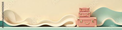 Vintage suitcases on a wavy background in pastel colors  